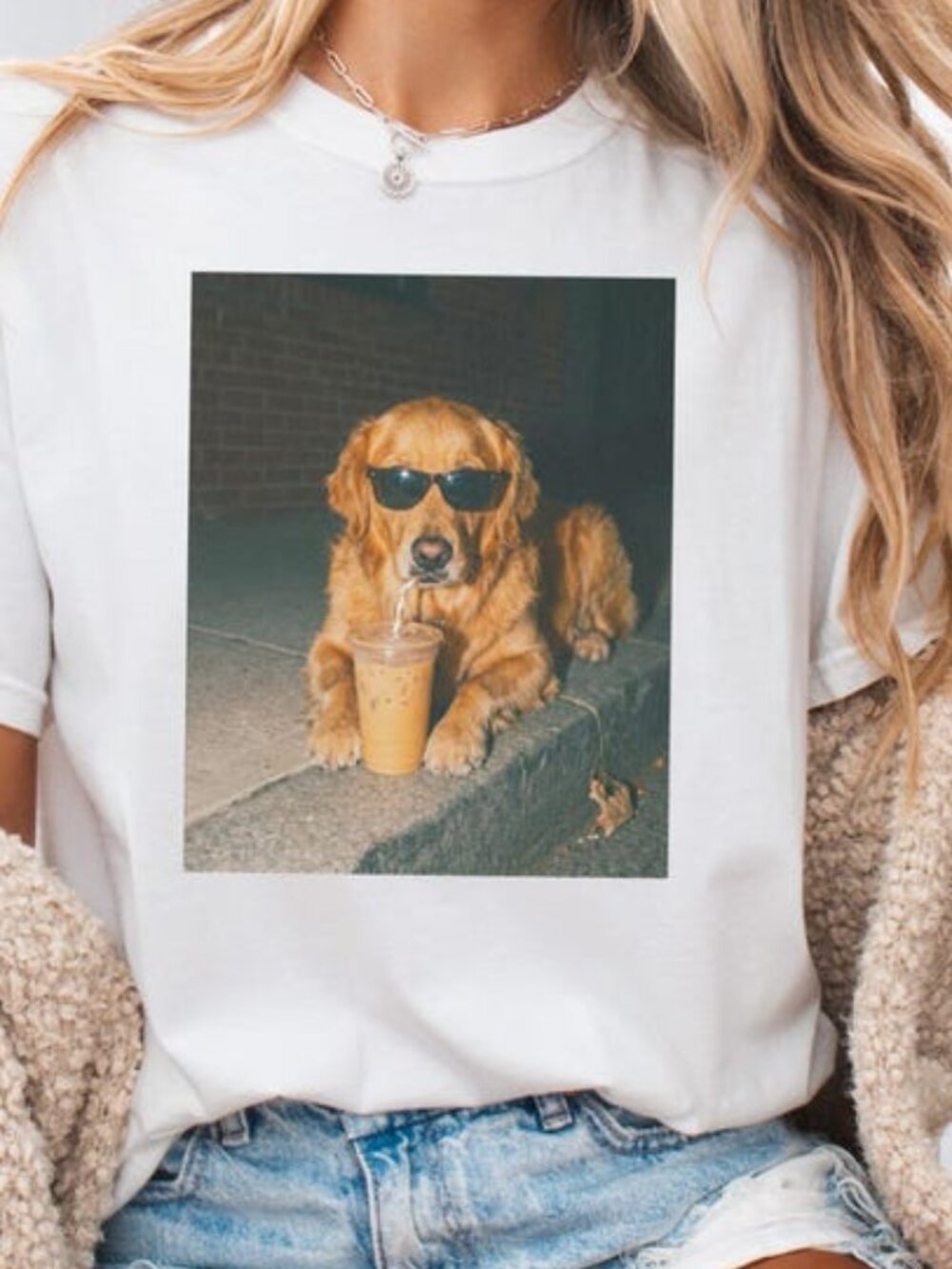 Golden Retriever Drinking Iced Coffee Shirt, Dog Meme Graphic Tee